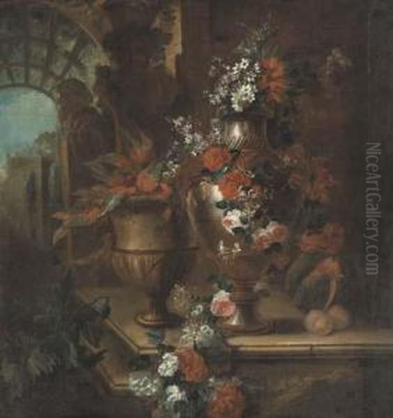 Roses, Poppies, Honeysuckle,
Hollyhocks, Morning Glory, Peonies,narcissi And Other Flowers In A Vase,
With Foliage In An Urn And Amelon And Peaches On A Stone Ledge, A
Garden Beyond - view 1