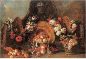 Peches Et Raisins Avec Des Guirlandes De Fleurs Sur Un Entablement by Pierre-Nicolas Huillot
