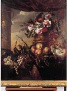 Vase De Fleurs, Fruits Et Coquillages Sur Un Entablement