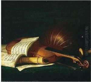 Still Life Of A Violin And Bow,
Together With A Recorder, A Lute And An Open Music Score Upon A Table
Top by Pierre-Nicolas Huillot