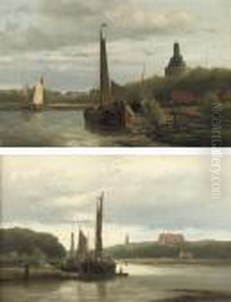 Boats Near Enkhuizen With The
Dromedaris In The Background; And A Riverlandscape At Sunset With The
Zuidertoren, Enkhuizen - view 1