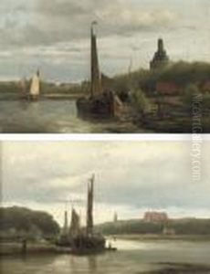 Boats Near Enkhuizen With The
Dromedaris In The Background; And A Riverlandscape At Sunset With The
Zuidertoren, Enkhuizen by Hendrik Hulk