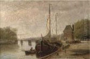 A Dutch Canal With Barges, Near Haarlem