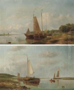 Boats Moored By A River Bank Boats Moored By A River Bank