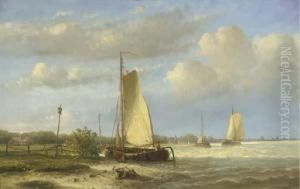 Sailing Barges On A River; Vessels On A Calm River by Hendrik Hulk
