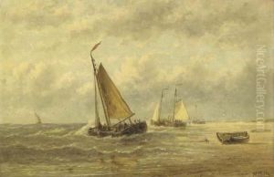 A Beach With Anchored Fishing Boats And Fishermen A Beach With Anchored Fishing Boats And Fishermen