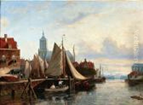 Stadsgezicht Haarlem Met Figuren En Boten Aan De Kade Van Het Spaarne - view 1