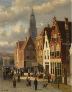 Many Figures In The Streets Of A Dutch Town by Johannes Frederik Hulk, Snr.