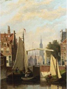 Boats On A Canal In A Dutch Town by Johannes Frederik Hulk, Snr.