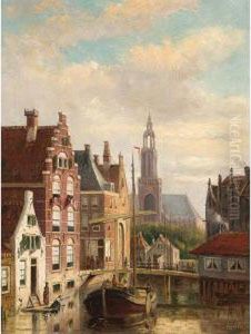 A Townview With A Barge On The Canal by Johannes Frederik Hulk, Snr.