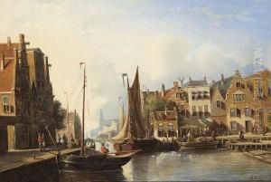 Busy Canal In A Dutch Town