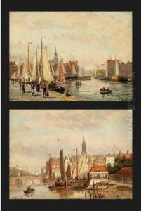 Two Views Of Ships In The Harbour Of A Dutch Town (a Pair) by Johannes Frederik Hulk, Snr.