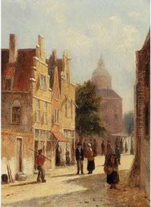 Figures In A Sunlit Dutch Town by Johannes Frederik Hulk, Snr.