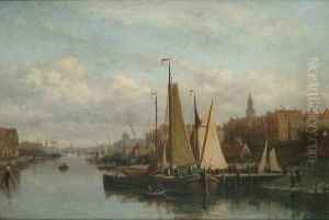 An Extensive View Of A Dutch 
Town On A River, Figures Unloading A Barge In The Foreground by Johannes Frederik Hulk, Snr.