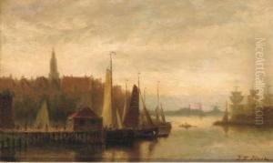 View Of A Harbour Town At Dusk by Johannes Frederik Hulk, Snr.