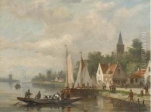 A Cattle Ferry On A River By A Village