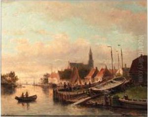 A View Of A Town With A Shipyard Along A Quay
