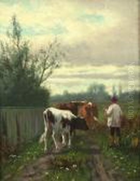 Cattle And Drover In A Landscape At Sunset - view 1