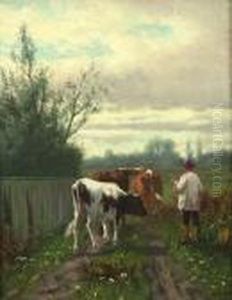 Cattle And Drover In A Landscape At Sunset by William Frederick Hulk