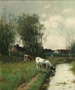 Cattle By A River With Cottages Beyond by William Frederick Hulk