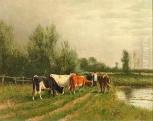 Cattle And Drover On A Riverside Path by William Frederick Hulk