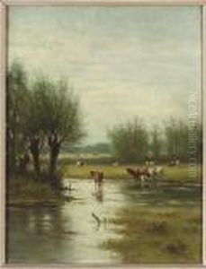 Cattle Watering In A Flooded Field; And A Herder Driving His Cattle Through The Snow by William Frederick Hulk