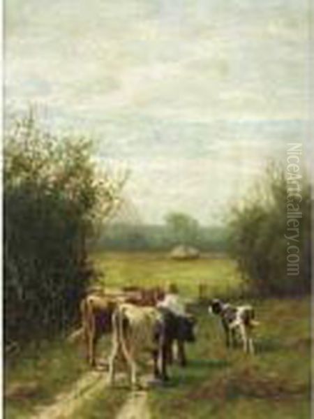 Herding Cattle; Watering By A Stream - view 1