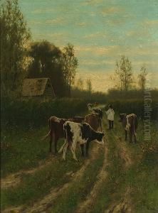 Cattle And A Herdsman On A Country Lane by William Frederick Hulk