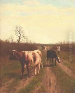 A Drover And Cattle On A Country Road by William Frederick Hulk