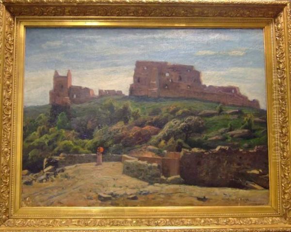 Kvinna Med Parasoll, Hammershus, Bornholm. by Oscar Hullgren