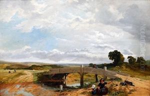Children Playing By A Wooden Bridge by Frederick William Hulme