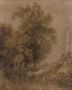 A Stream Running Through A Wooded Landscape by Frederick William Hulme