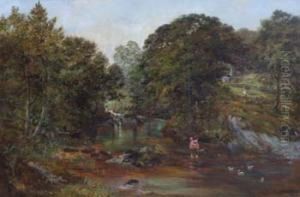 Wooded Landscape Withchildren Crossing A Stream, Signed And Dated 1866 by Frederick William Hulme