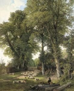 Sheep Resting In A Woodland Glade, A Traveller Looking On Sheep Resting In A Woodland Glade, A Traveller Looking On