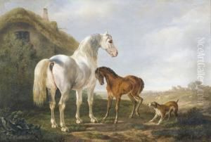 Schimmel Mit Fohlen Und Hund Vor Einem Gehoft. by Charles Humbert