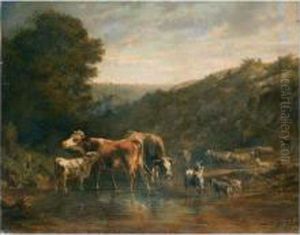 Kuhe, Ziegen Und Schafe Am Wasser by Charles Humbert