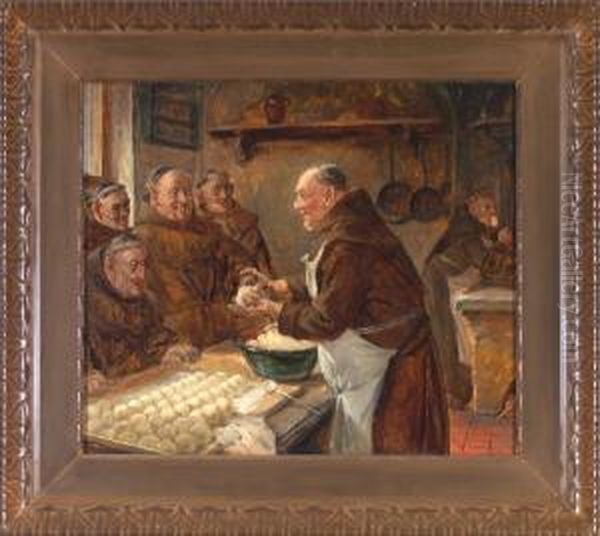 In Der Klosterkuche - Ein Monch
Erklart Vier Brudern Das Knodel Formen, Wahrend Ein Weiterer Im
Hintergrund Heimlich Nascht - view 1