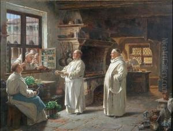 A Monastery Kitchen With Monk
Inviting Three Others, At The Window, To Inspect Their Meal, Signed by Adolf Humborg