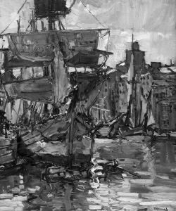 "fischerboote Im Hamburger Hafen". Sign. Ol Auf Lwd. Doubliert. 59 X 50 Cm. Rahmen