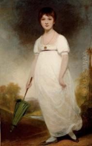 The Rice Portrait Of Jane Austen
(1775-1817), Full-length, In A White Dress, Holding A Green Parasol In A
Landscape by Ozias Humphrey