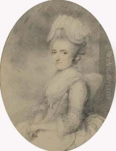 Portrait Of A Lady, Small 
Half-length, Seated, In White Dress With A Shawl, In Elaborate Headdress by Ozias Humphrey