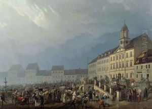 Market Place at Teplice in a Rain Storm, 1843 by Carl Robert Croll