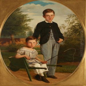 Two Boys In A Garden, One Is Sitting In A Wheelbarrow by Andreas Herman Hunaeus