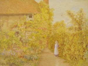 Girlwalking Along Garden Path Beside A Cottage