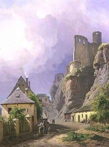View of the Castle of Strekov with Cottages and Figures, 1845 by Carl Robert Croll