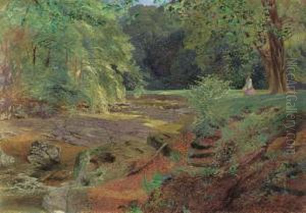 A Lady By A Rocky Stream In Dappled Sunlight - view 1