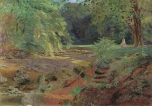 A Lady By A Rocky Stream In Dappled Sunlight by Alfred William Hunt