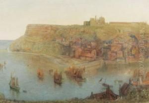 Whitby Abbey, With Boats Sailing Out Of The Harbour