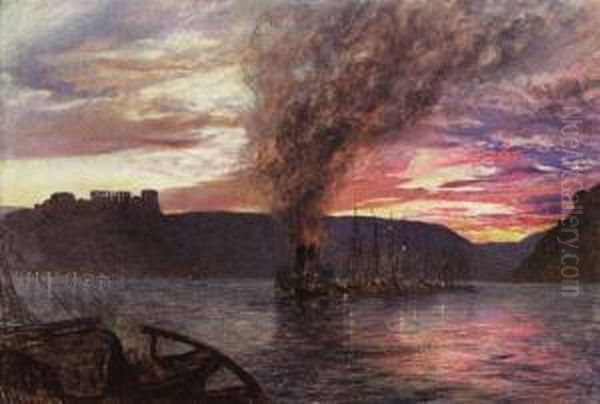View Of The Rhine With A Steam Tug And Barges - view 1