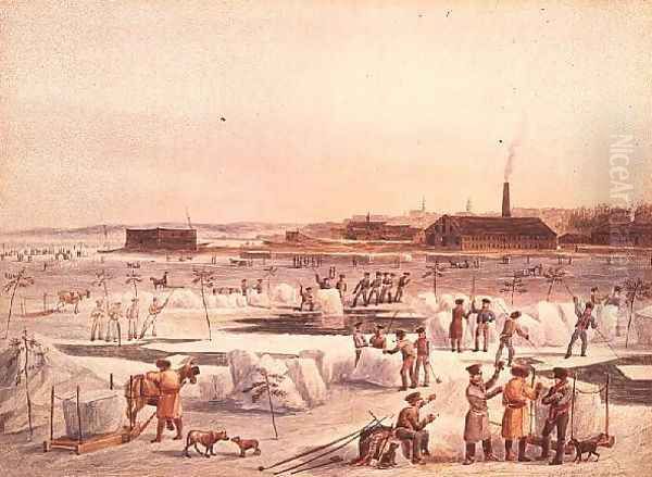 Cutting Ice in Winter on the St. Charles River - view 1